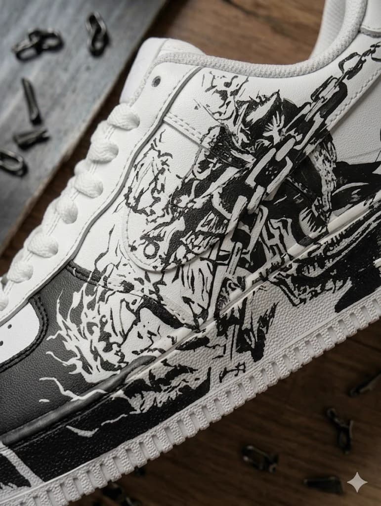 Dense hand-inked artwork across a finished pair, photographed close on the workbench