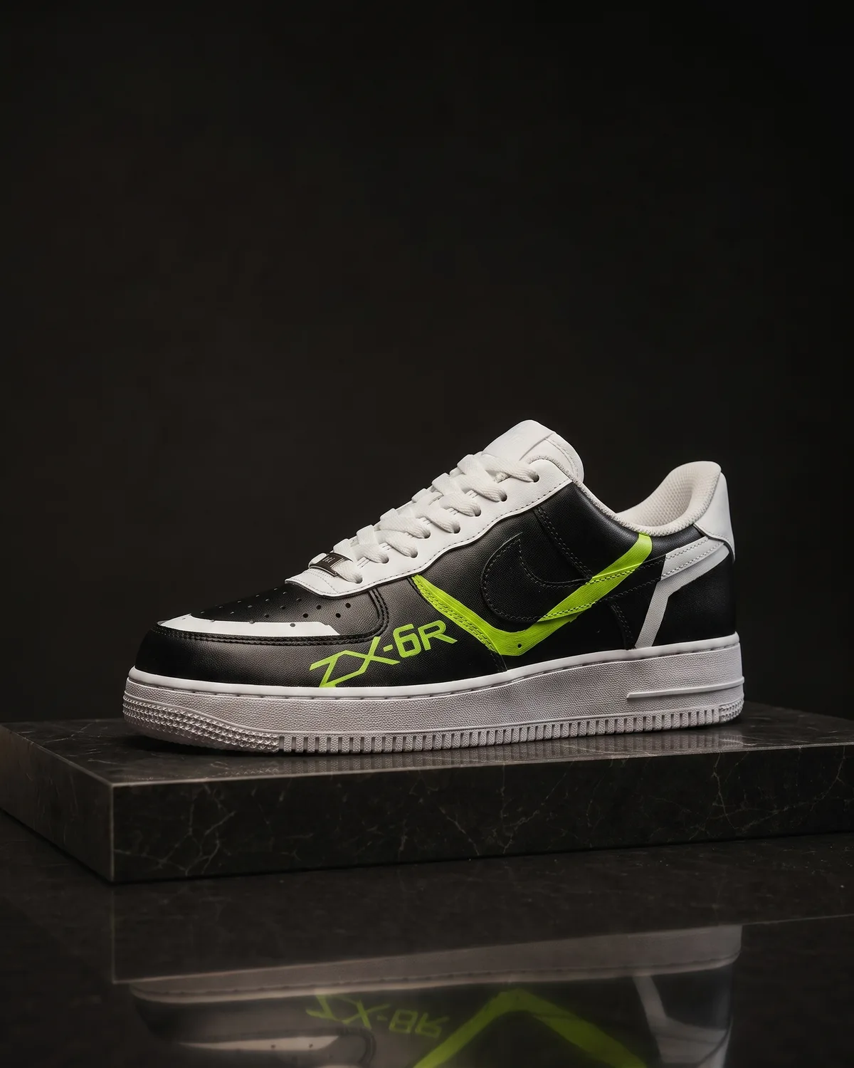 Black and white Nike Air Force 1 hand-painted with a lime green outlined swoosh, a lime bolt across the panel and ZX-6R lettered by hand on the quarter.